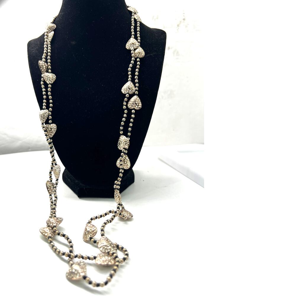 Heart Necklace Long Mangalsutra Hammered Silver Tone Black 30" Beaded Charm
